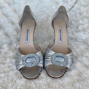 Manolo Blahnik Silver  D'Orsay Peep Toe Pumps